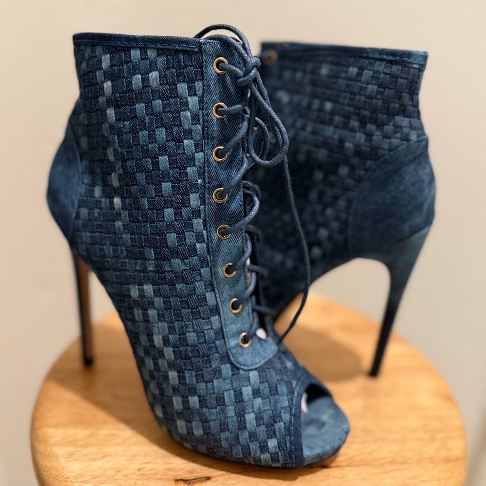 Denim Lace-Up Peep Toe Booties – Stiletto High Heel – Like New